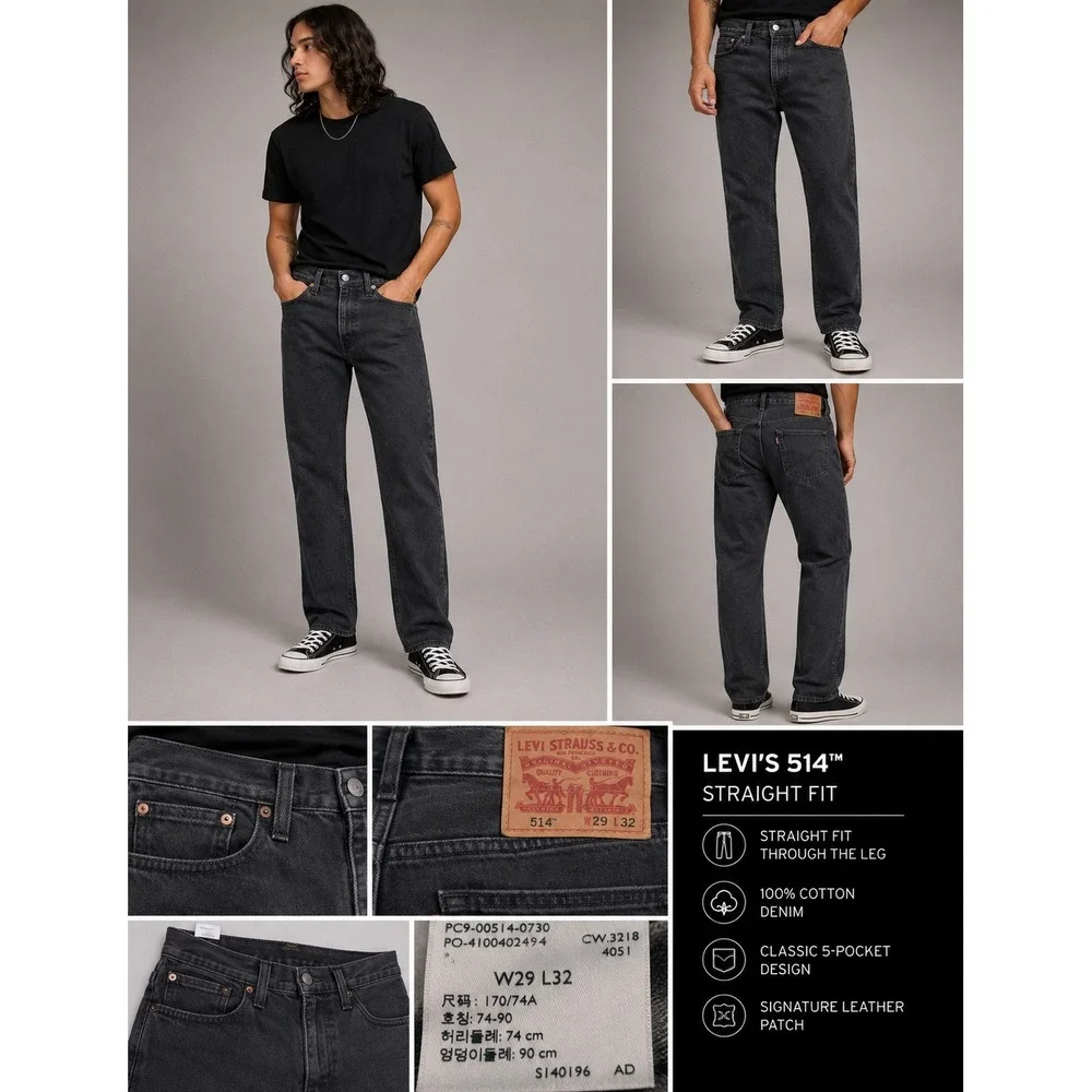 Levis 514 Mens Straight Fit Jeans Black Faded Denim 30x31 00514-0730 Cotton